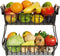 Wisdom Star 2 Tier Fruit Basket Bowl Farmhouse for Kitchen Countertop, Detachable Metal Bread Fruit Vegetable Storage Basket Stand Holder with Wooden Handle , Black