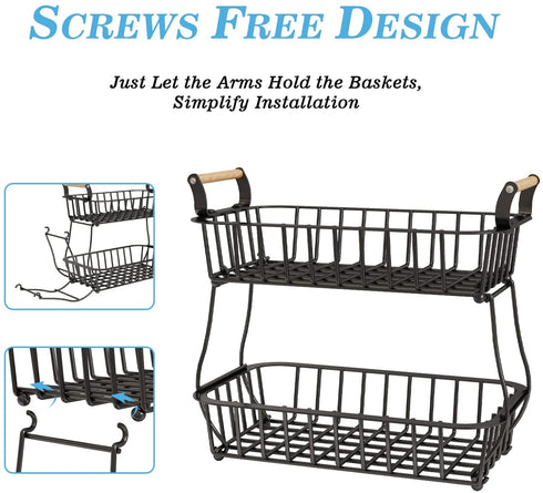 Wisdom Star 2 Tier Fruit Basket Bowl Farmhouse for Kitchen Countertop, Detachable Metal Bread Fruit Vegetable Storage Basket Stand Holder with Wooden Handle , Black