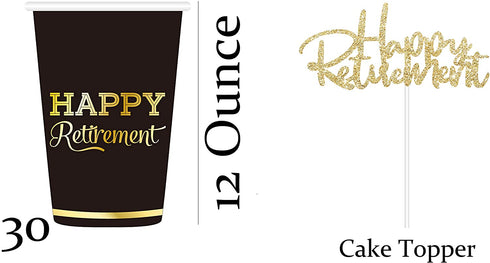 Serves 30 Happy Retirement Complete Party Pack 9" Dinner Paper Plates 7" Dessert Paper Plates 12 oz Cups 3 Ply Napkins Cake Topper Happy Retirement Party Theme