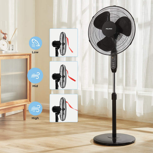 PELONIS 16'' Pedestal Remote Control, Oscillating Stand Up Fan 7-Hour Timer, 3-Speed and Adjustable Height, PFS40A4BBB, Supreme 16"-Black