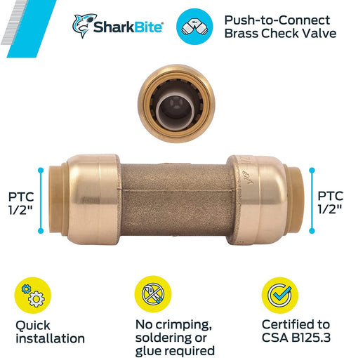 SharkBite U2008-0000LFA 1/2 inch x 1/2 inch Brass Check Valve, Push-to-Connect, Copper, PEX, CPVC