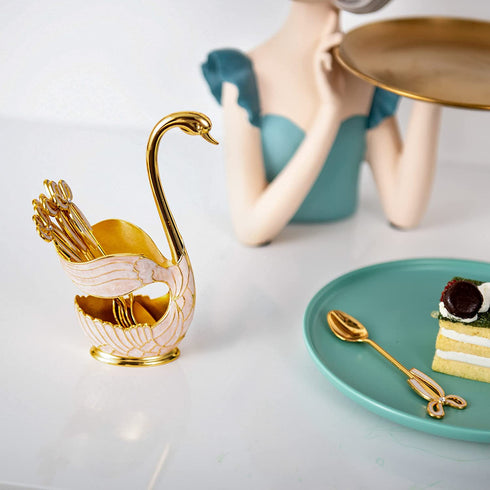 Feyarl Coffee Dessert Sugar Spoon Set Decorative Swan Base Holder with 6pcs Spoons for Stirring Mixing Dessert Ice Cream Coffee Teaspoon Cake Flatware (Gold)