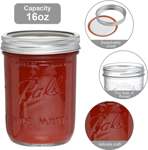 Pack of 6 Glass Mason Jars with Lids and Bands 16oz Wide Mouth Ball Mason Jars for Jam Making, Pickled Vegetables, Candied Fruit, Homemade Preserves, Kitchen Storage (16 oz)