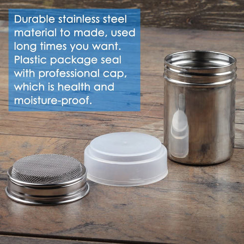 3 Pack Stainless Steel Powder Shaker, Coffee Cocoa Dredges with Fine-Mesh Lid, AIFUDA Power Can For Baking Cooking Home Restaurant with 16 Pcs Printing Molds Stencils