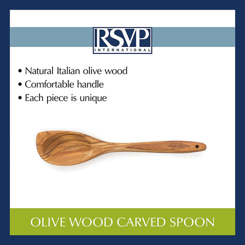 RSVP International Olive Wood Curved Spoon, 12" | Rustic, Natural Authentic Italian Olive Wood | Classic Style for Kitchens, Tables, & More | Functional for Serving Salads, Pasta, & More