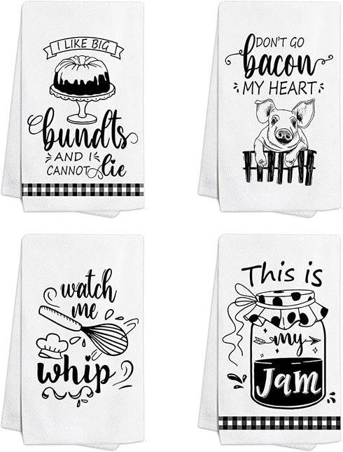 Kamalove Funny Kitchen Towels and Dishcloths Sets of 4 - Dish Towels with Sayings - House Warming Presents for New Home, Gifts for Women, Farmhouse Kitchen Decor, White