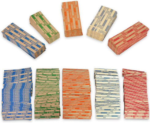 NATURALABEL 250 Assorted Flat Coin Wrappers, 50 Each of Quarters, Dollars, Dimes, Nickels, Pennies, Coin Striped Kraft Packing