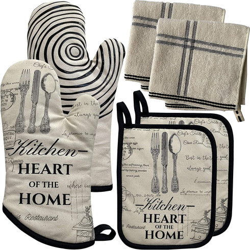 GREVY Cotton Oven Mitts with Silicone Grip Pot Holder Terry Washcloths Basic Kitchen Line Set(6 Pack)