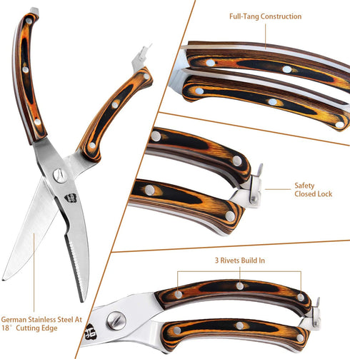 TUO Kitchen Poultry Shears, Multi-Purpose Scissors with Sturdy Pakkawood Handle; Heavy-Duty Professional High Carbon Stainless Steel Shears- Fiery Series