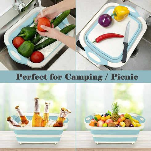 Rottogoon Collapsible Cutting Board, Foldable Chopping Board with Colander, Multifunctional Kitchen Vegetable Washing Basket Silicone Dish Tub for BBQ Prep/Picnic/Camping(Light Blue)