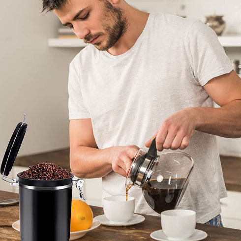 Coffee Canister- 20 Oz Flour Container With Date Tracking, Have With Carbon Dioxide Release Valve And Stainless Steel Spoon, Used To Store , Tea€?flour€?cereals And Coffee Beans. Black