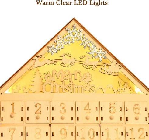 CCINEE Christmas Wooden Advent Calendar with LED Light 24 Storage Drawers Christmas Countdown Calendar for Holiday Decoration