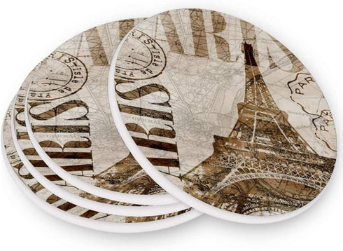 visesunny Retro Paris Drink Coaster Moisture Absorbing Stone Coasters with Cork Base for Tabletop Protection Prevent Furniture Damage, 4 Pieces