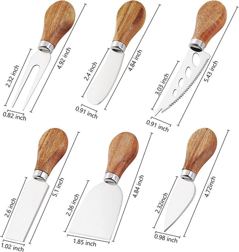 Cheese Knife Set 6-piece Cheese Knife with Acacia Wood Handle Stainless Steel Cheese Slicer Cheese Cutter (Standard Box)