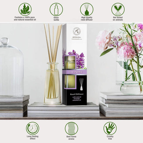 Reed Diffuser with Natural Essential Oil Lavender 3.4 oz (100ml) - Lavanda Diffuser - Scented Reed Diffuser - Non Alcohol - Gift Set w/ Bamboo Sticks - Best for Aromatherapy - Home - Office - Fitness