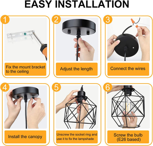 Pendant Lighting, Industrial Light Fixture, Retro Vintage Farmhouse Pendant Lights , Black Metal Cage Hanging Lights, Ceiling Lamp for Kitchen Island, Living Room, Dining Room, Loft, E26 Base, 2-Pack