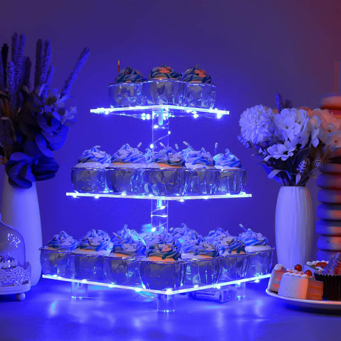 YestBuy 3 Tier Square Cupcake Stand - Premium Cupcake Holder - Acrylic Cupcake Tower Display - Cady Bar Party D©cor + LED Light String - Ideal for Weddings, Birthday Parties( Blue Light)