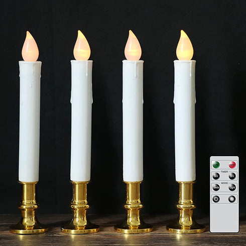 DRomance 9" White Flameless LED Flickering Window Taper Candles Battery Operated with Remote and Timer, Set of 4 Christmas Window Candles Gold Holders, Suction Cups and Battery Included