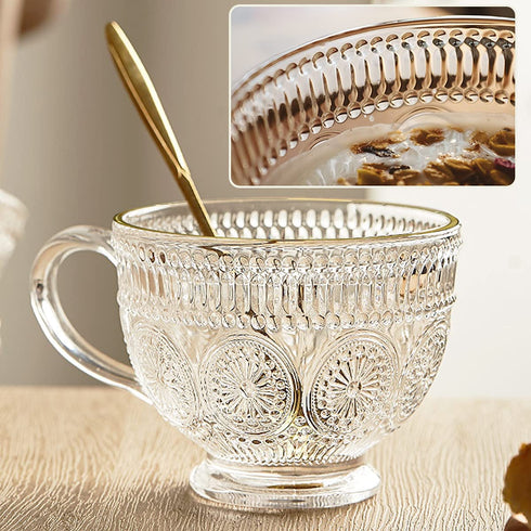 Gold Rim Espresso Cup 12 OZ Clear Glass Coffee Mug IMNGBL Embossed Glass Cups for Cereal,Oatmeal ,Iced Milk Tea,Juice,Desserts,Crystal Drinking Glass(2-pack)