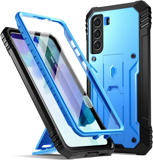Poetic Revolution Series Case Designed for Samsung Galaxy S21 FE 5G, Built-in Screen Protector Work with Fingerprint ID, Full Body Rugged Shockproof Protective Cover Case with Kickstand, Blue