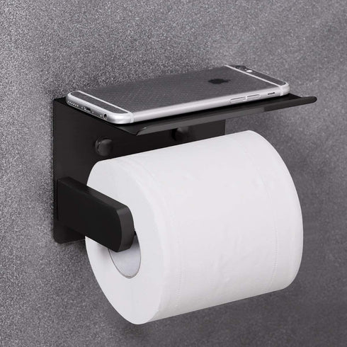 VAEHOLD Self Adhesive Toilet Paper Holder with Phone Shelf SUS 304 Stainless Steel Wall Mounted Toilet Paper Roll Holder - Rustproof and Bathroom Washroom Tissue Roll Holder with Shelf - Black
