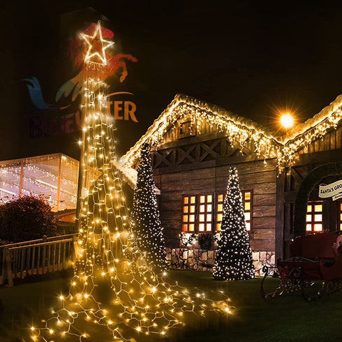 344 LED Star String Lights Fairy Christmas - Waterfall 13ft 3 x Large D Battery Operated Outdoor & Indoor Waterproof 8 Modes & Timer Remote for Christmas Tree Topper, Holiday Decorations (Warm White)