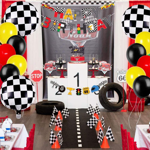 Race Car Birthday Banner and Cake Topper Racing Chequered Flag Hot Wheel Themed Birthday Party Supplies