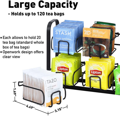 High Capacity 120 Tea Bags Organizer Storage and Display Rack for Cabinet and Counter, Wall Mount Available