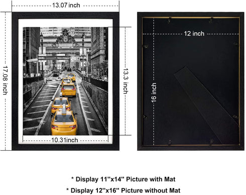 Finefrarm 12x16 Frames Display 11x14 Picture with Mat or 12 x 16 Photo Without Mats Black Picture Frames Wall Art for Living Room and Office Wall Mounting Decor