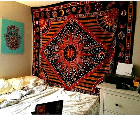 Raajsee Sun And Moon Tapestry Aesthetic- Burning Sun With Stars Mystic Wall Hanging Tapestries Hippie- Golden Celestial Tapestrys For Bedroom- Indie Wall Tapastry Hippie Room D©cor 82x92 inch