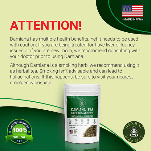Damiana Herb Leaf Tea for Women, Men | Loose Leaf, Dried, Cut and Sifted for Adrenal Support| 4oz / 114 Grams| Made in USA