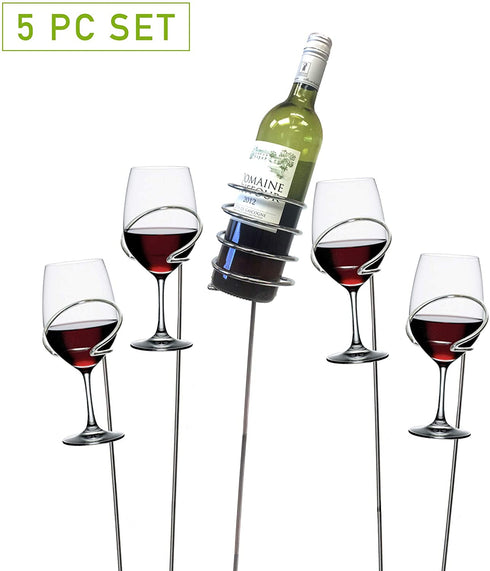 Mind Reader Picnic Wine Sticks, 5 pc Set, 5, Silver Bottle Glass Holder, 5 Count
