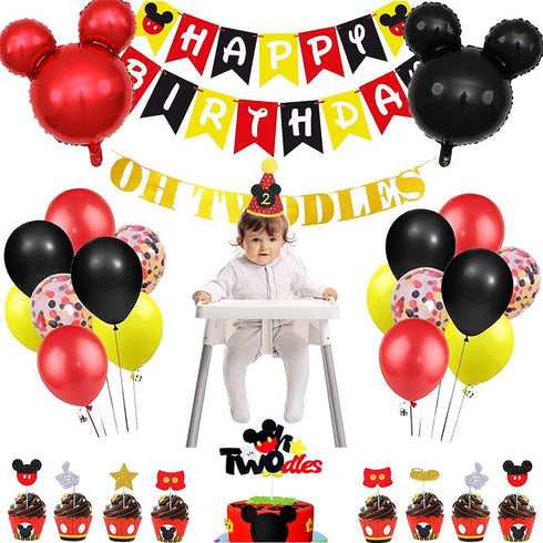 Danirora Mickey Oh Twodles Party Decorations, Mickey Mouse 2nd Birthday Party Packs for Kids Mickey Balloons Mickey Banner
