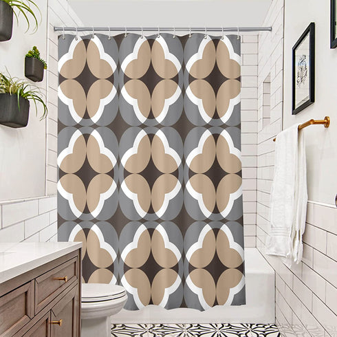 Brown Design Shower Curtains for Bathroom, Boho Shower Curtain, Retro Tan White Geometric Pattern Bath Shower Curtain Waterproof, Grey and Brown Fabric Bathroom Accessories Set with Hooks