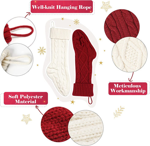 HOMEBROS Christmas Stockings, 4 Packs Large Christmas Stockings 18 Inches Classic Cable Knitted Christmas Stockings Ivory White and Burgundy for Family Xmas Holiday Party Decoration