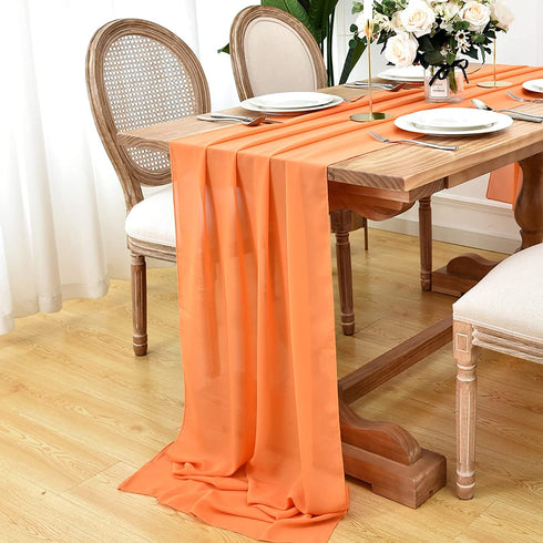 DOLOPL 2 Pack Orange Chiffon Table Runner 10ft Sheer Wedding Table Runner 29x120 Inches Romantic Tulle Table Runner for Wedding Decor Birthday Party Bridal Baby Shower Table Decoration