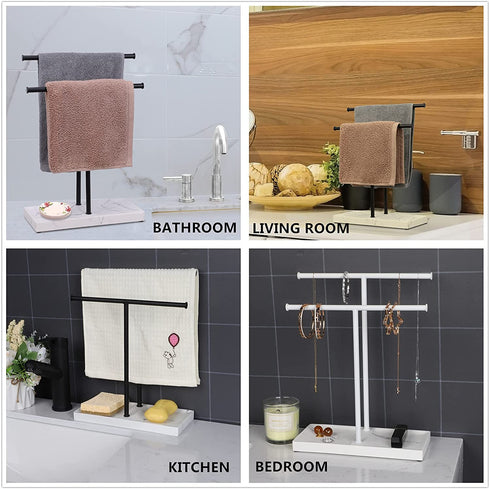 LKKL Hand Towel Holder Stand for Bathroom with Resin Base, Countertop Towel Stand for Fingertip, Washcloth, Dishcloth Holder with Soap Tray for Kitchen Washroom Vanity, Hand Towel Rack Black 12"