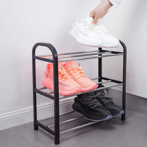 NiHome Shoe Rack Organizer Multipurpose 3-Tier Small Size Vertical Footwear Display Shelf Compact Sturdy Metal Frame Lightweight 6 Pairs for Closet Hallway Entryway Living Room Bedroom Attom (Black)