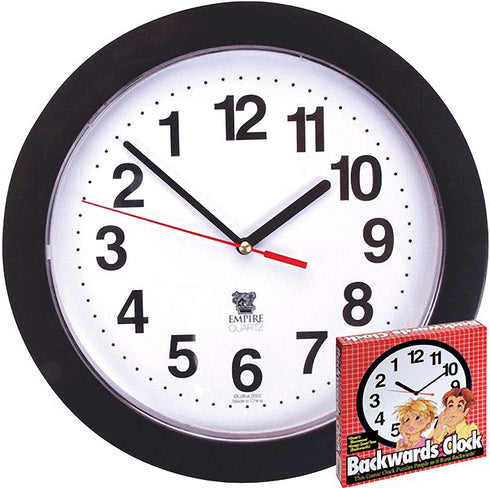 Black Backwards Wall Clock, Runs Counterclockwise and Reverse