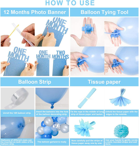 EAF 1st Birthday Boy Decorations 78PCS Blue 1st Birthday Decorations for Boy with Blue Tinsel Curtain, 12 Months Photo Banner, 1st Birthday Highchair Banner, I AM ONE and Happy Birthday Banner