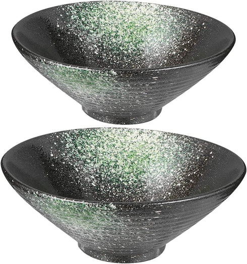 MULAPOH 7 Inch Porcelain Soup Bowls, 24 Ounces Japanese Ramen Noodle Bowl set of 2 for Pho, Udon, Soba and Wonton (Green Pattern)