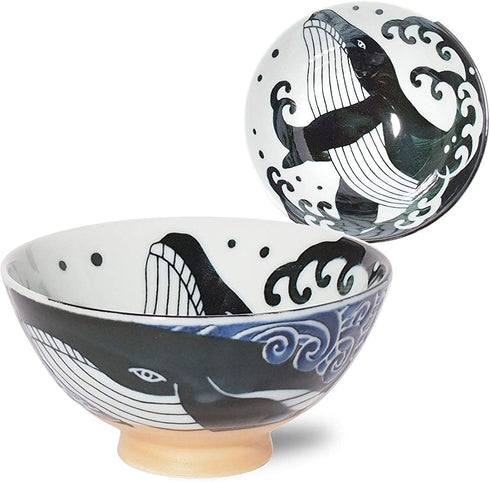 Minoru Touki White Wave Whale Blue Ceramic Rice Bowl Small φ4.72×H2.4in 5.64oz Made in Japan