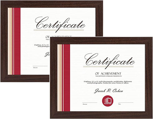 Frametory, 8.5 X 11 Certificate Frame with Back Hangers for Wall Display, Easel Stand Picture Frame for Diploma, Documents, Awards, Wide Molding (Walnut, 2-Pack)