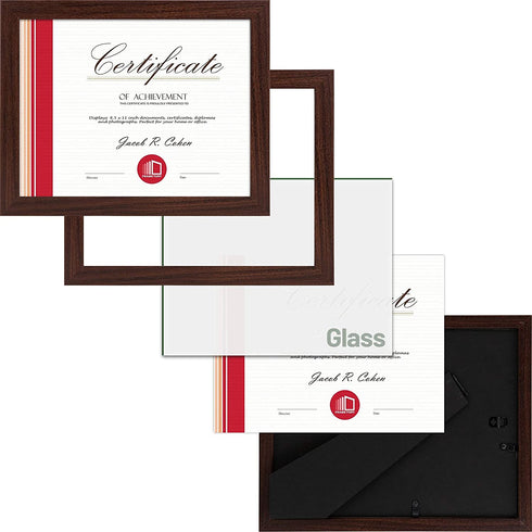Frametory, 8.5 X 11 Certificate Frame with Back Hangers for Wall Display, Easel Stand Picture Frame for Diploma, Documents, Awards, Wide Molding (Walnut, 2-Pack)