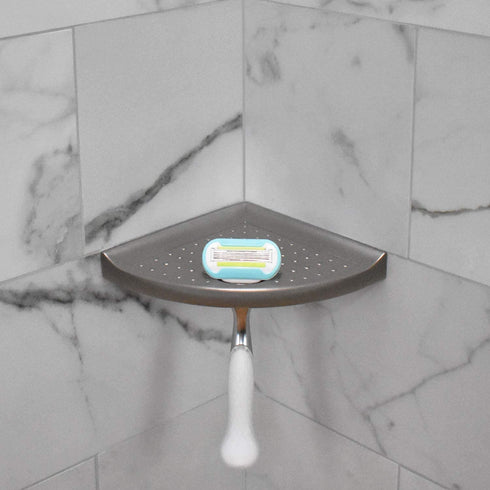 Questech Metro Flatback Bathroom Corner Shower Shelf, Wall Mounted Foot Rest, 5 Inches, Brushed Nickel Metal Finish