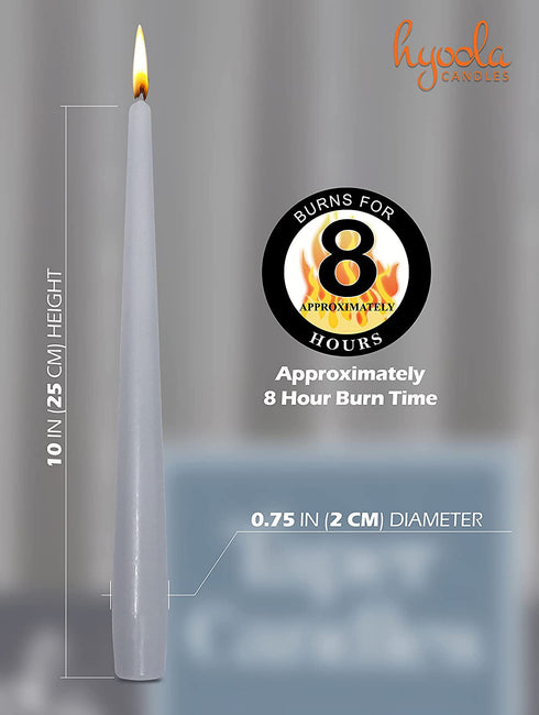 Hyoola Tall Taper Candles - 10 Inch Silver Grey Unscented Dripless Taper Candles - 8 Hour Burn Time - 12 Pack