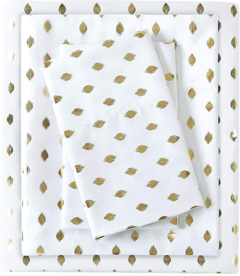 Intelligent Design Microfiber Wrinkle Resistant, Soft Sheets with 12" Pocket Modern, All Season, Cozy Bedding-Set, Matching Pillow Case, Full, Metallic Dot White/Gold