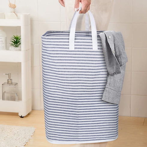 80L Extra Large Collapsible Laundry Baskets with Handle Waterproof Stripe Linen Washing Basket for Bedroom, Blue