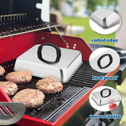 HaSteeL Square Cheese Melting Dome, Stainless Steel 9…“ x 9…“ x 2 Inch Steaming Basting Cover, Heavy Duty Griddle Grill Accessories for Flat Top Teppanyaki Cast Iron BBQ Outdoor Kitchen Cooking, 2 Packs