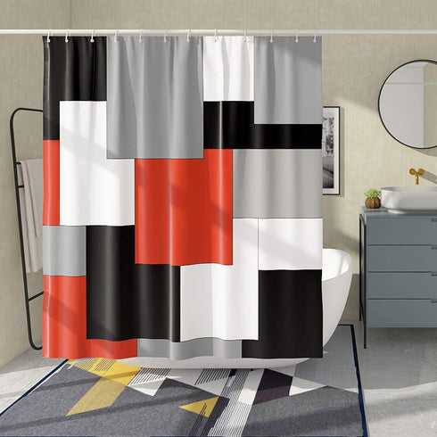 DESIHOM Red Modern Shower Curtain with 12 Metal Double Glide Hooks, Geometric Gray Black Shower Curtain Black Red Bathroom Accessories 72x72 Inch